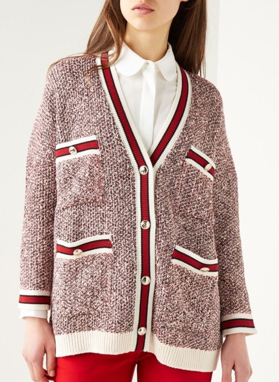 Maje Mapada Tweed Knit Cardigan Size 2 Oversized Cotton Blend Red White